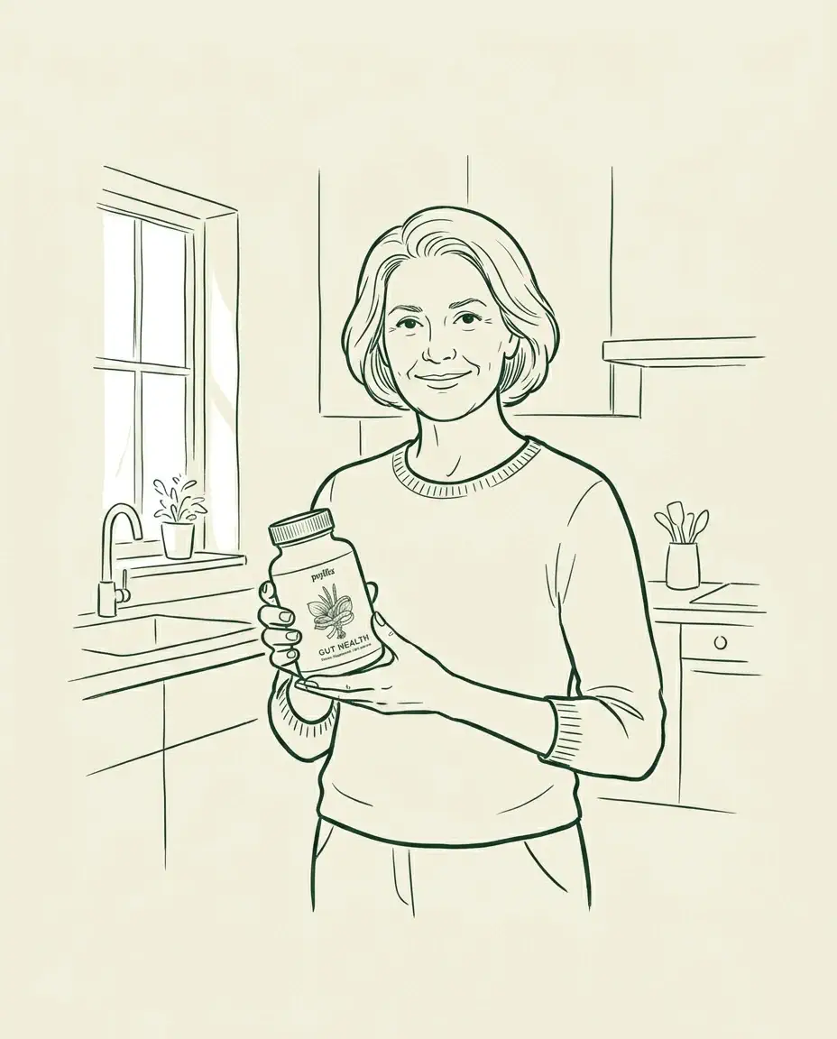 Line illustration: a woman standing in her kitchen, smiling and holding the Veradine bottle, with morning light through a window and herbs on the sill.