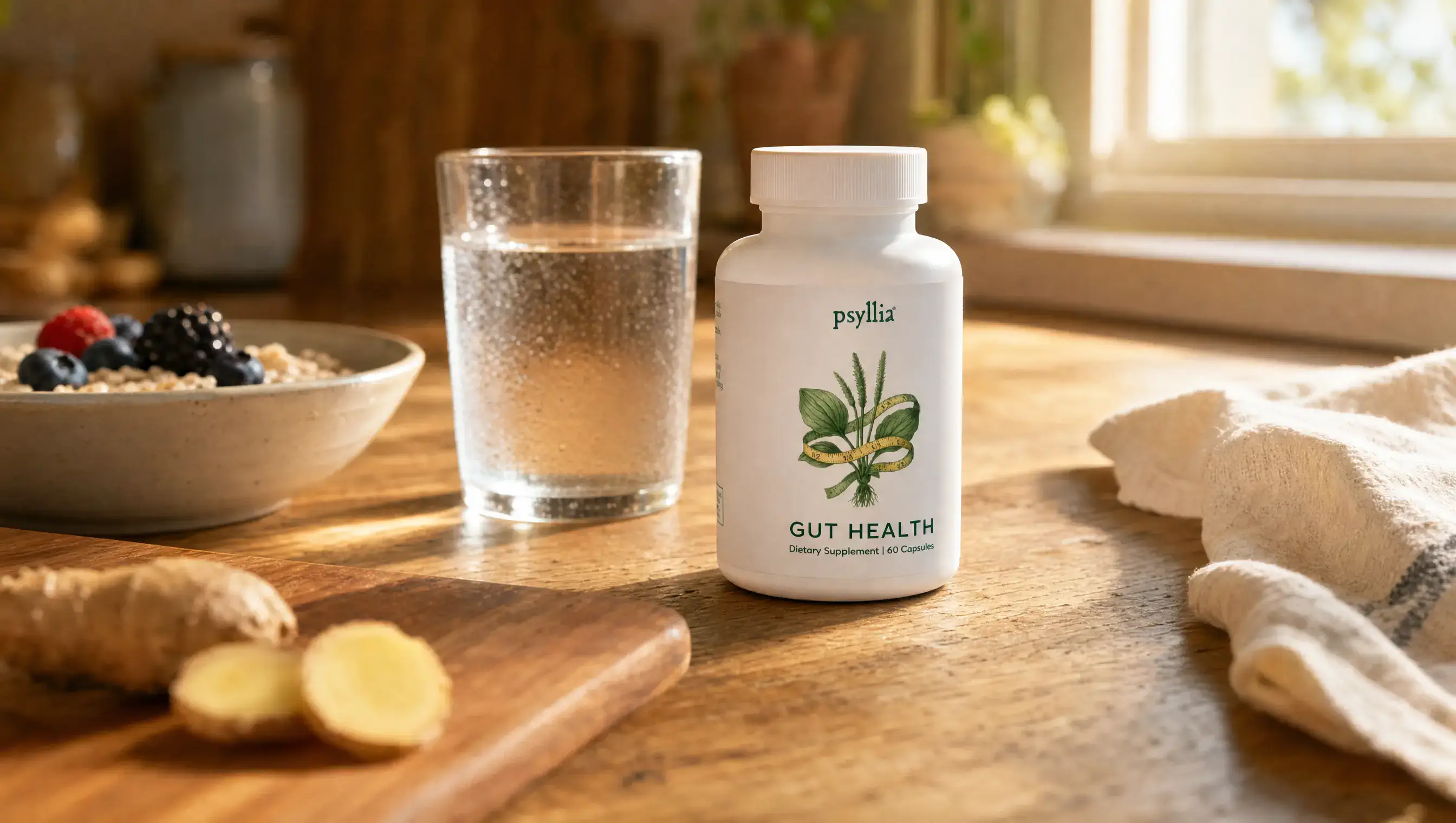 A single Veradine bottle on a warm wood kitchen counter at golden hour, beside a glass of water, a bowl of oatmeal with berries, and fresh ginger root on a cutting board.