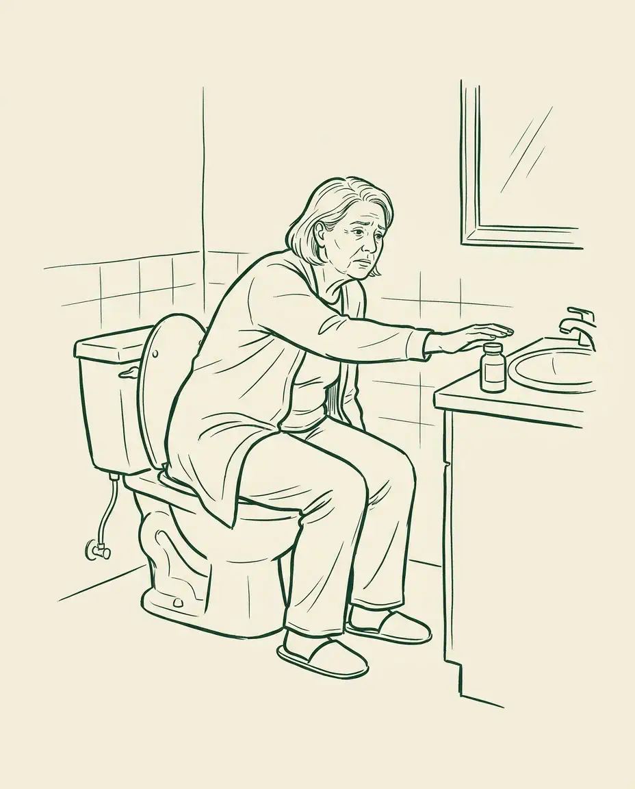 Line illustration: a woman sits on a toilet looking tired and uncertain, with a small medicine bottle on the bathroom counter beside her.